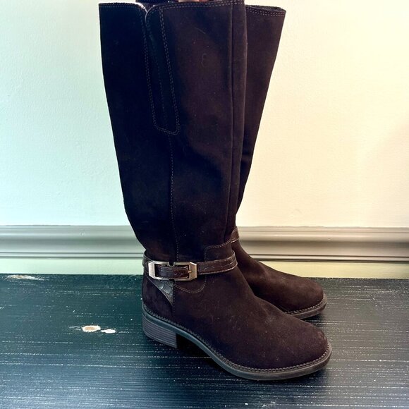 Clarks Women 6.5 M Maye Aster Buckled Riding Boots in Dark Brown Suede Tall - Picture 2 of 8